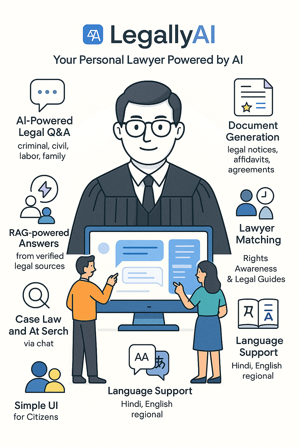 LegallyAI Features Overview - AI-Powered Legal Q&A, Document Generation, Lawyer Matching, and more